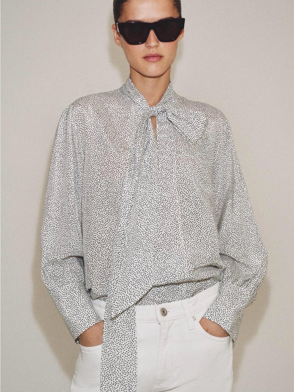 Zara White Blouse with Black Micro Dot Tie-Neck